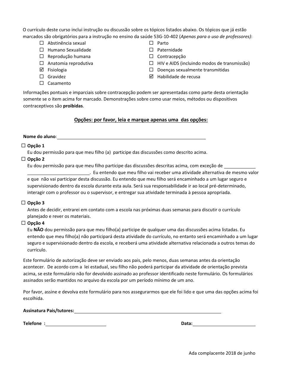 Utah Parent Guardian Consent Form Sex Education Instruction Portuguese