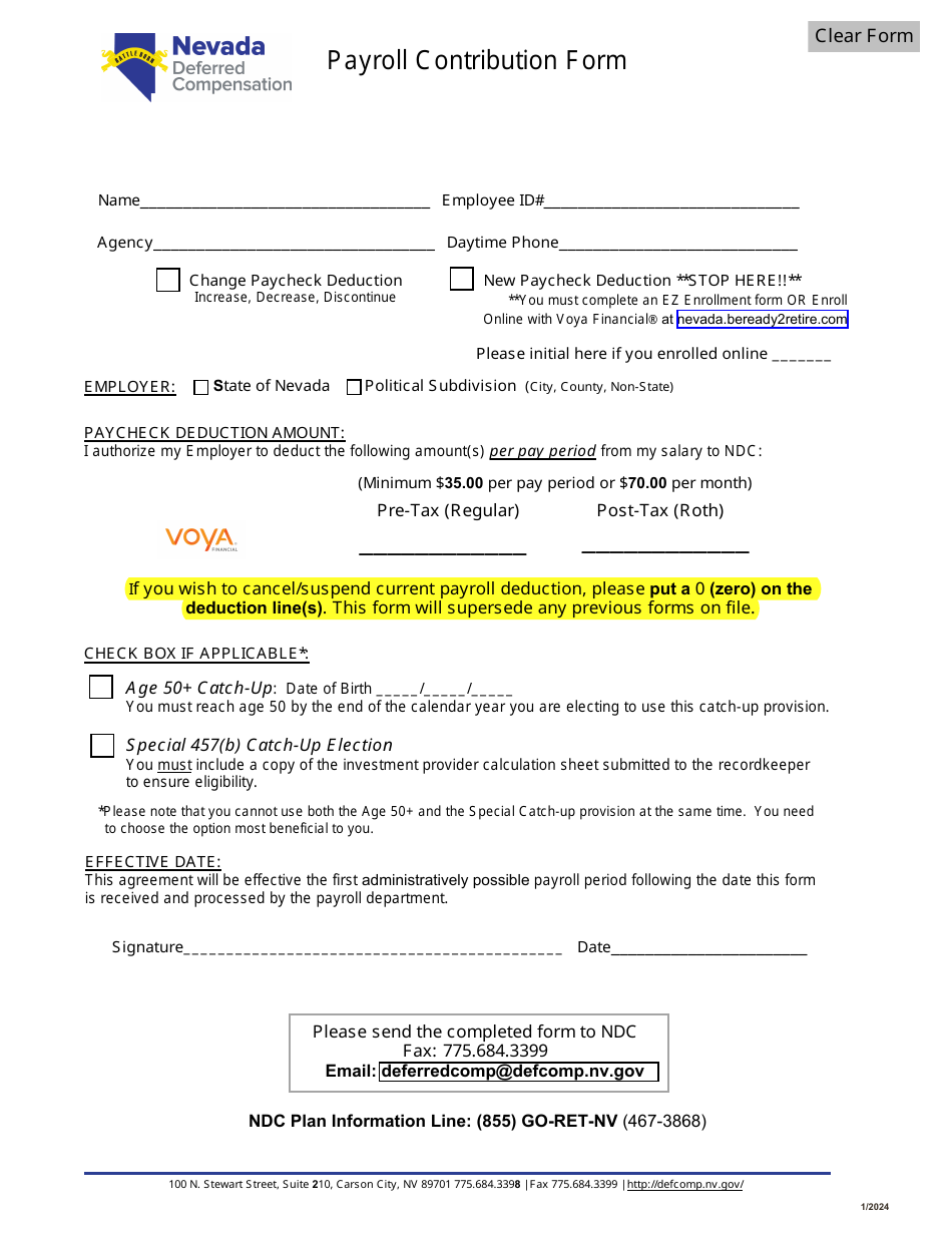 Nevada Payroll Contribution Form Deferred Compensation Program Ndc