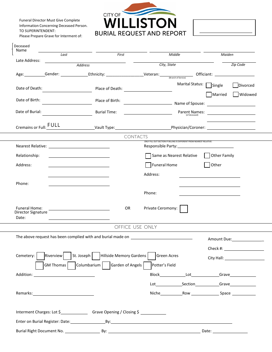 City Of Williston North Dakota Burial Request And Report Fill Out