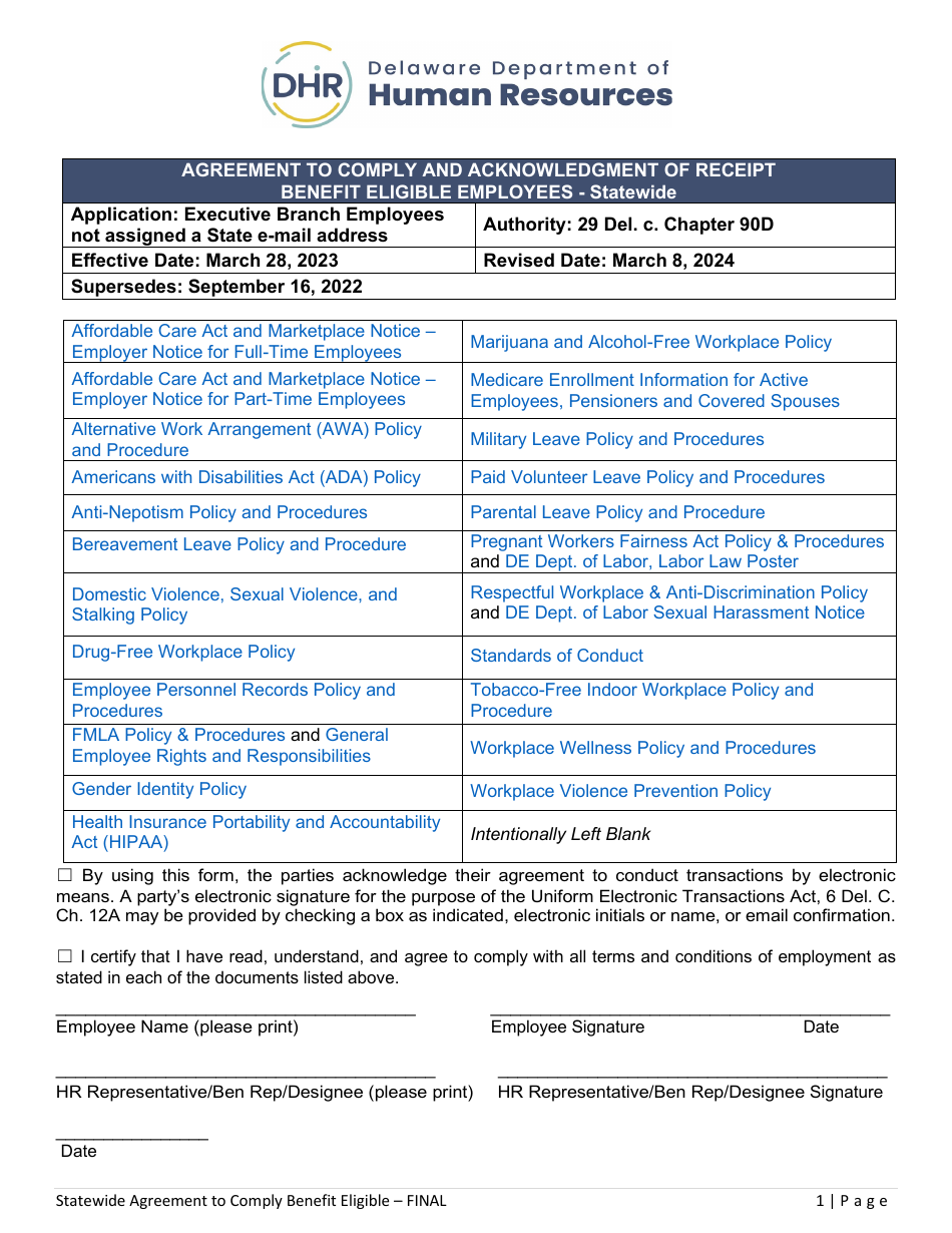 Delaware Agreement To Comply And Acknowledgment Of Receipt Benefit