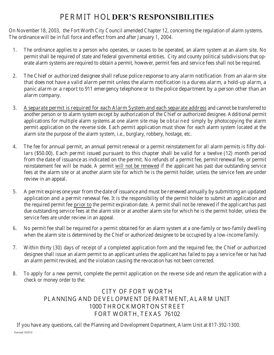 CITY OF FORT WORTH Texas Alarm Permit Application Form Fill Out