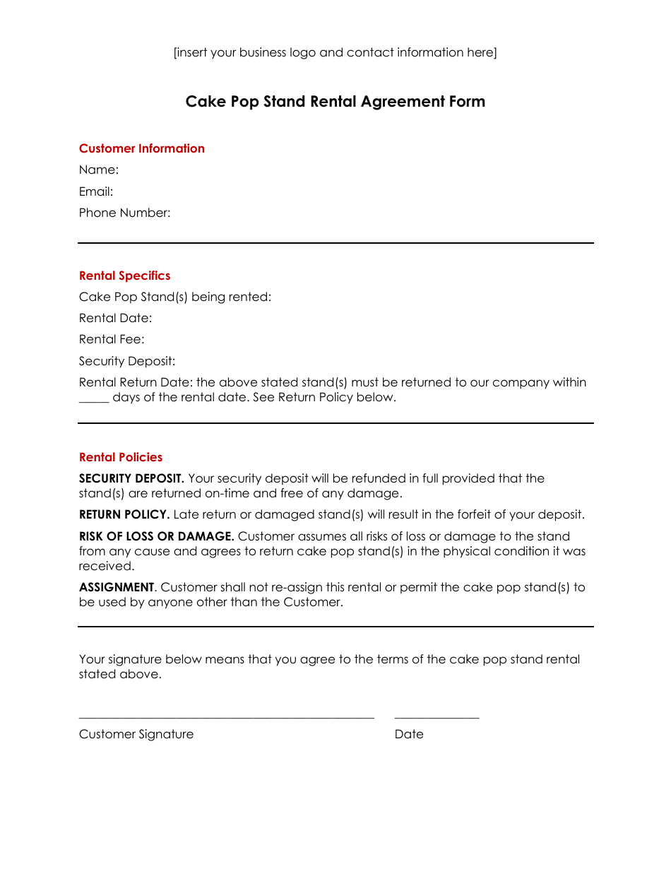 Cake Pop Stand Rental Agreement Form Fill Out Sign Online And