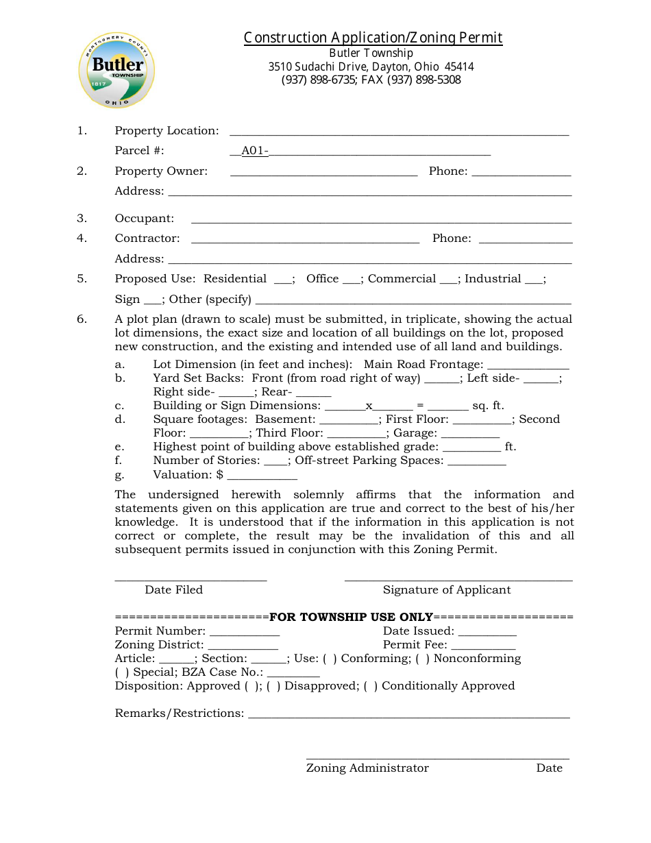 Butler Township Ohio Construction Application Zoning Permit Fill Out