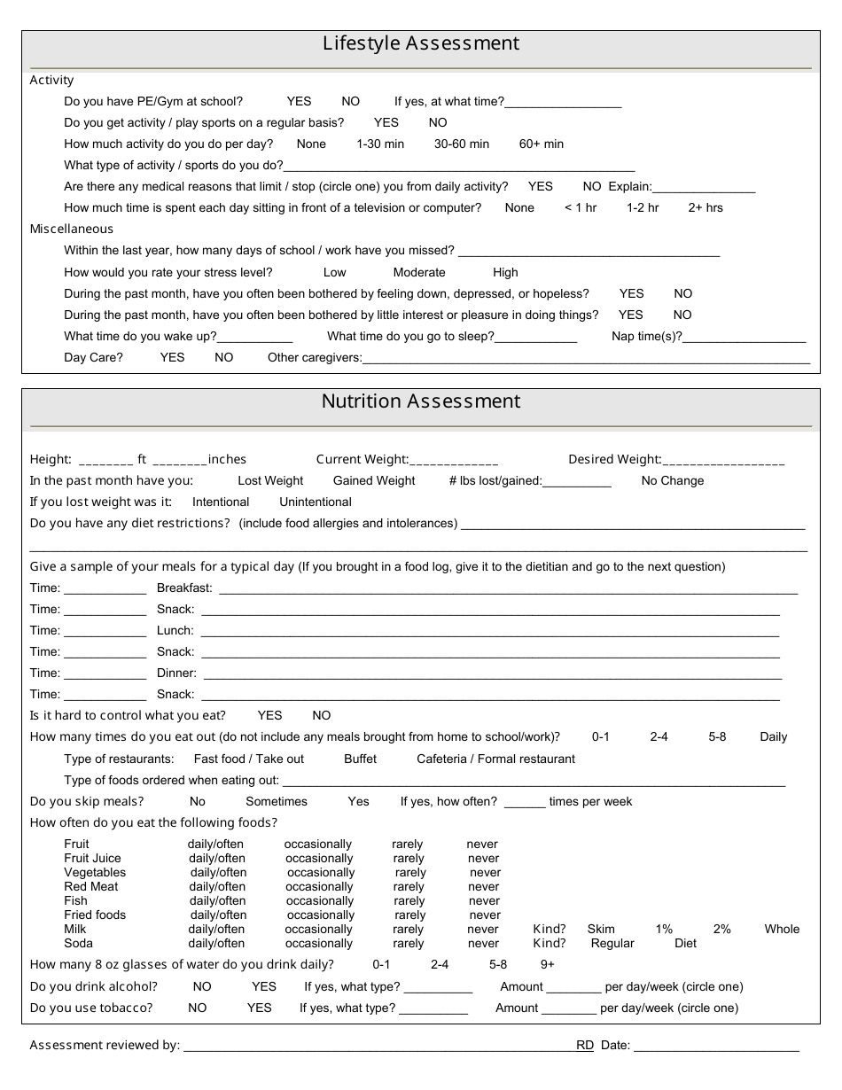 Pediatric Nutrition Assessment Form Dupage Medical Group Fill Out