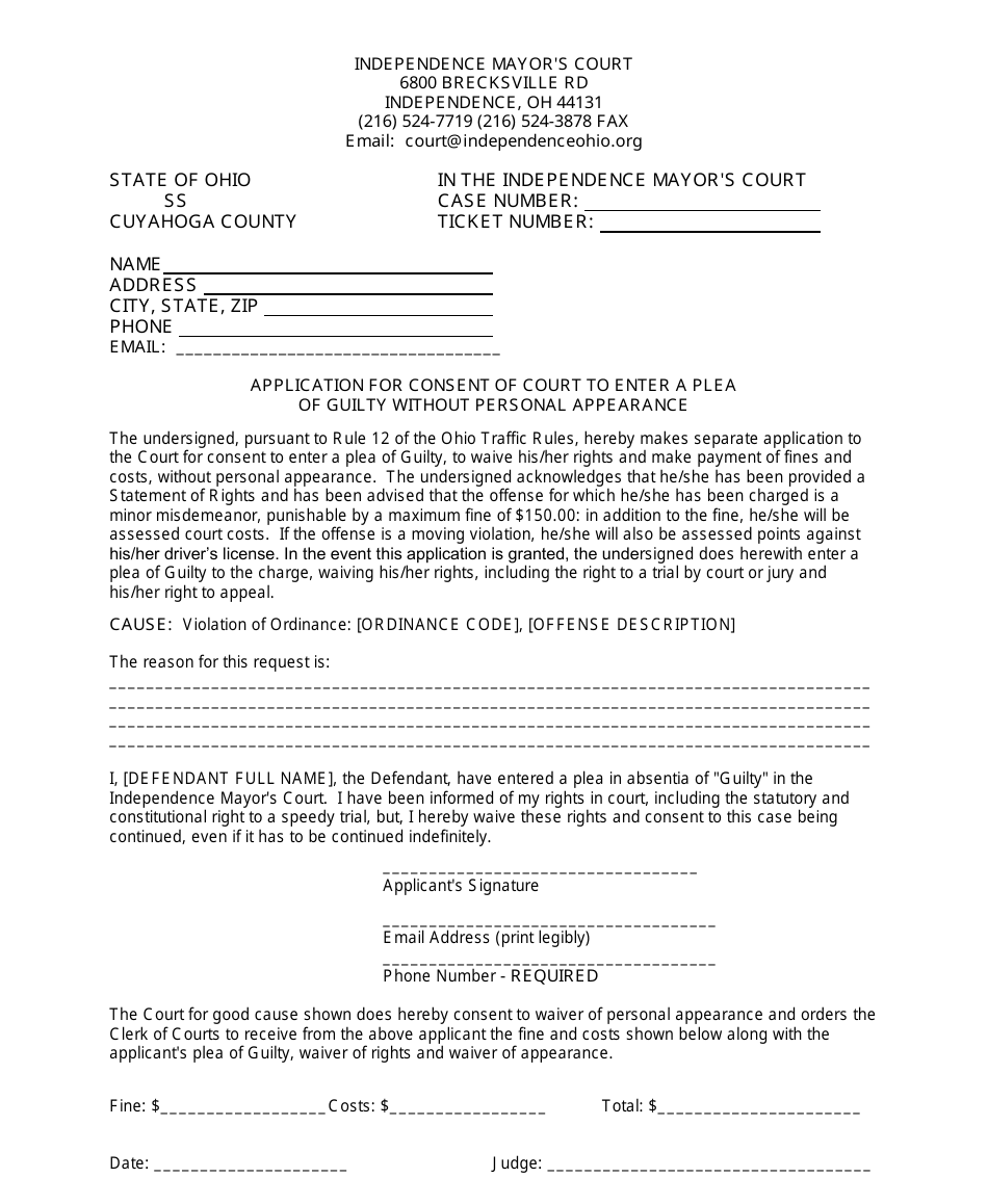 City Of Independence Cuyahoga County Ohio Application For Consent Of