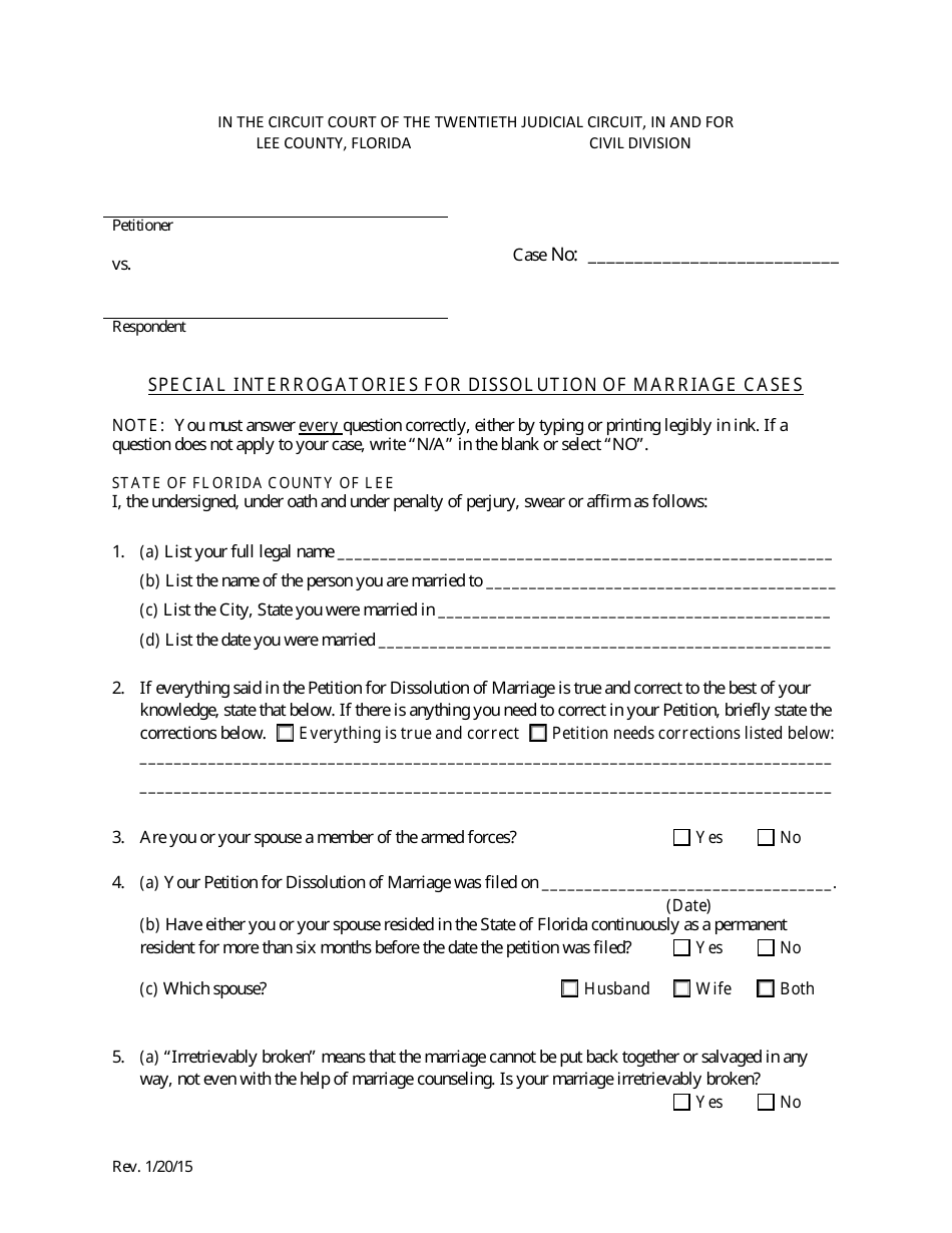 Special Interrogatories for Dissolution of Marriage Cases - Lee County, Florida, Page 1