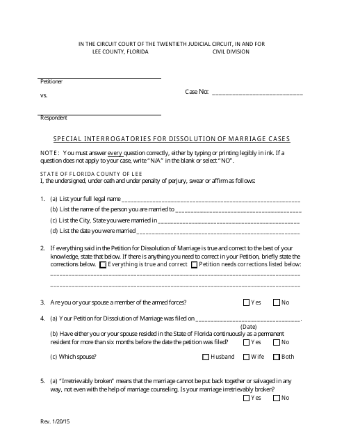 &quot;Special Interrogatories for Dissolution of Marriage Cases&quot; - Lee County, Florida Download Pdf