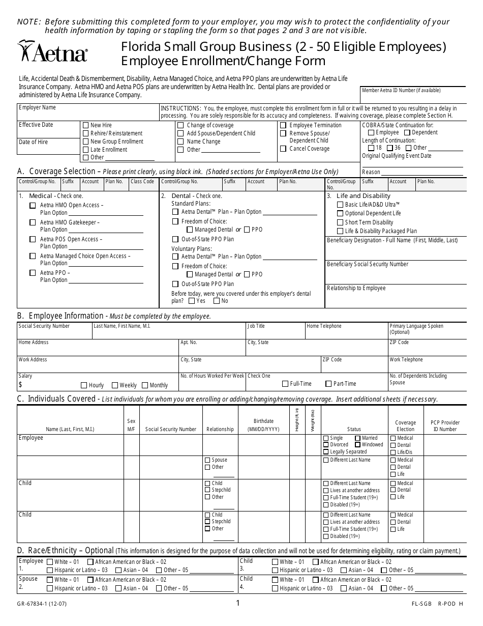 Form GR-67834-1 Enrollment / Change Form - Aetna - Florida, Page 1