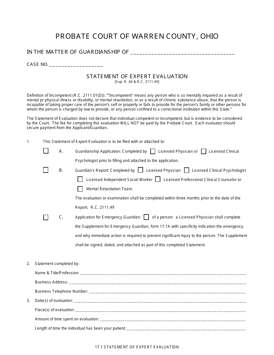 Statement of Expert Evaluation Form - Warren county, Ohio, Page 1