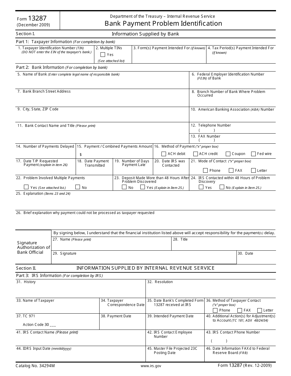 IRS Form 13287 Bank Payment Problem Identification, Page 1