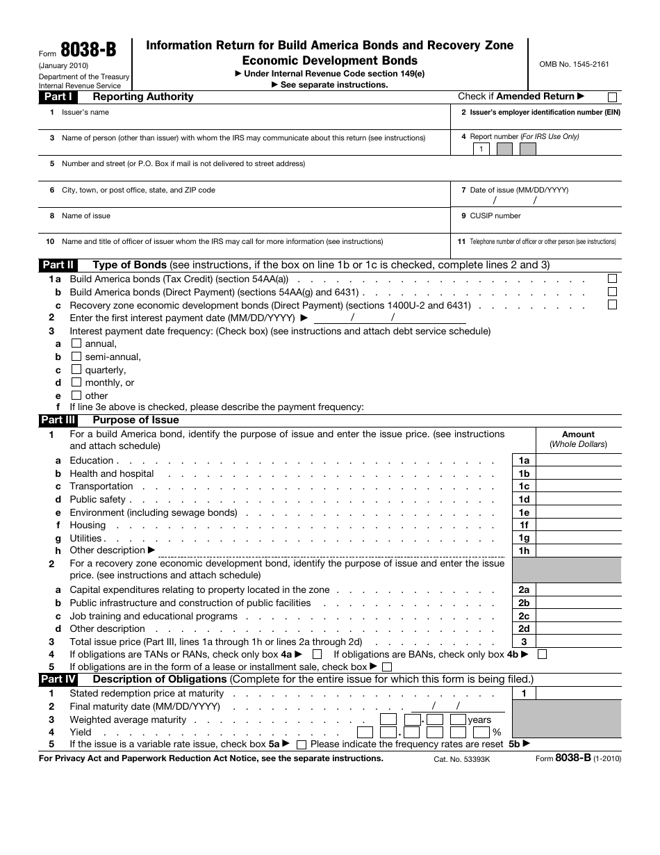 IRS Form 8038-B Information Return for Build America Bonds and Recovery Zone, Page 1