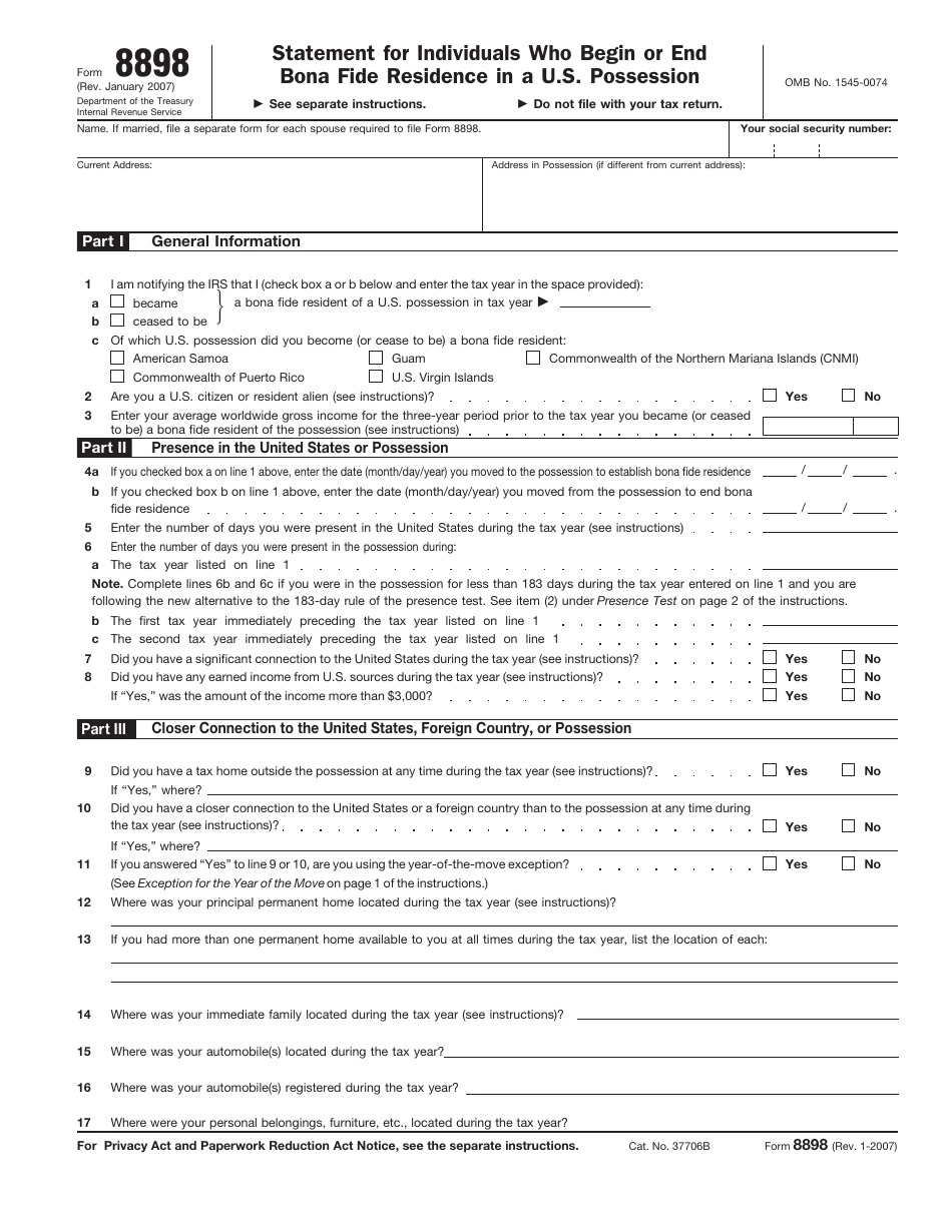 IRS Form 8898 Statement for Individuals Who Begin or End Bona Fide Residence in a U.S. Possession, Page 1