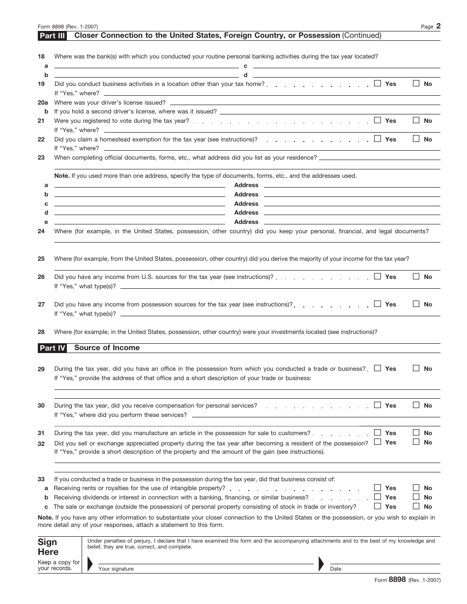 IRS Form 8898 Statement for Individuals Who Begin or End Bona Fide Residence in a U.S. Possession, Page 2