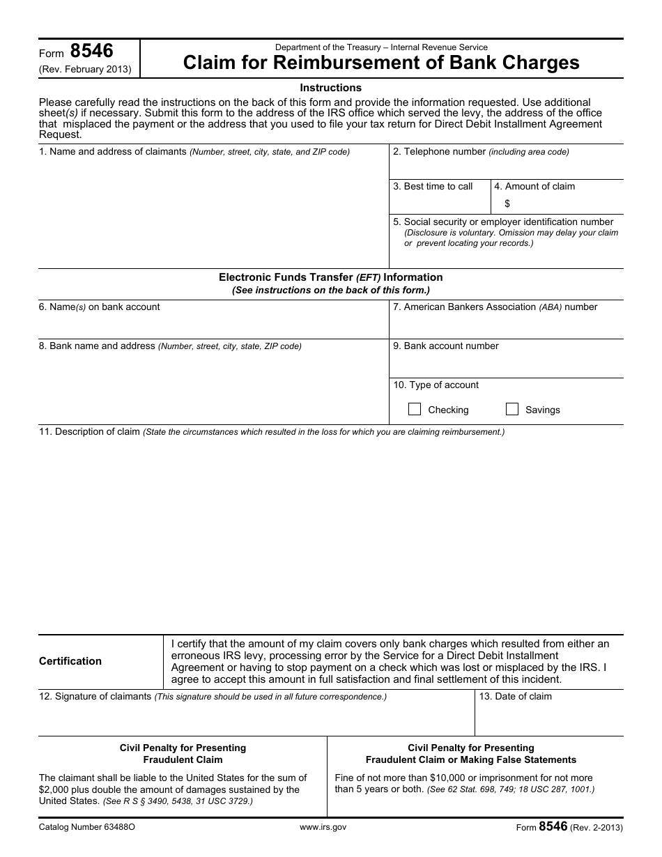 IRS Form 8546 Claim for Reimbursement of Bank Charges, Page 1