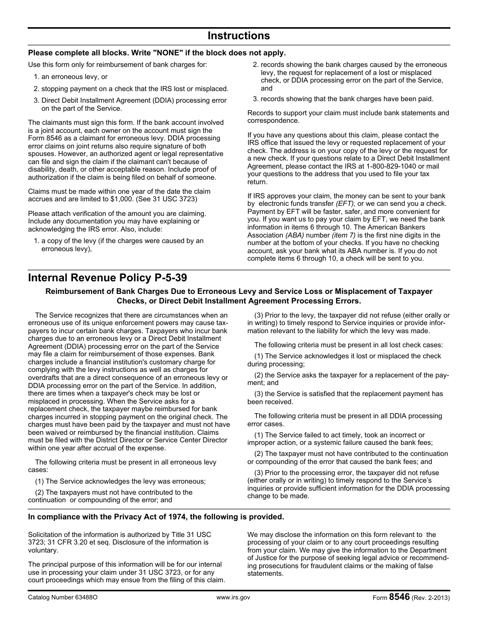 IRS Form 8546 Claim for Reimbursement of Bank Charges, Page 2
