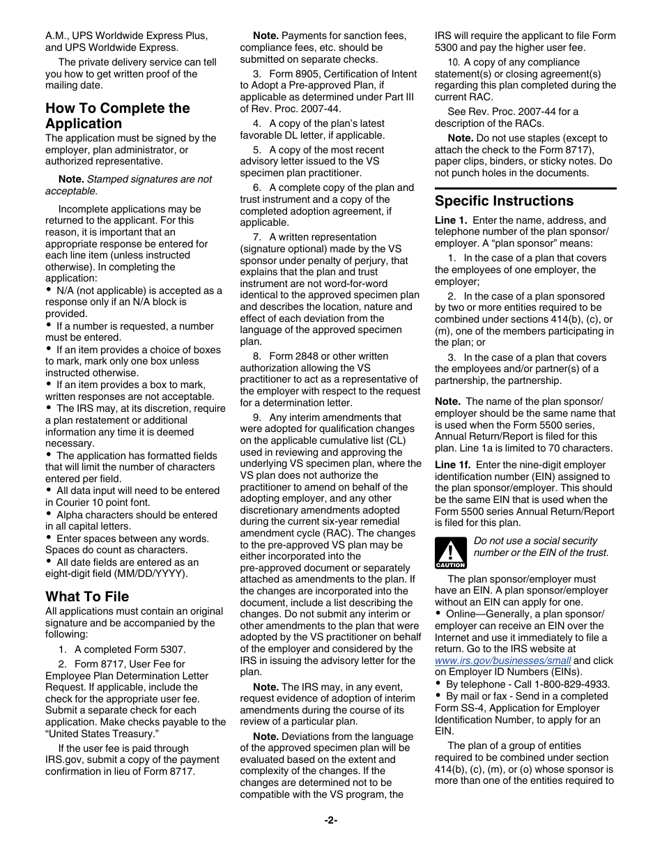Instructions for IRS Form 5307 Application for Determination for Adopters of Modified Volume Submitter (VS) Plans, Page 2