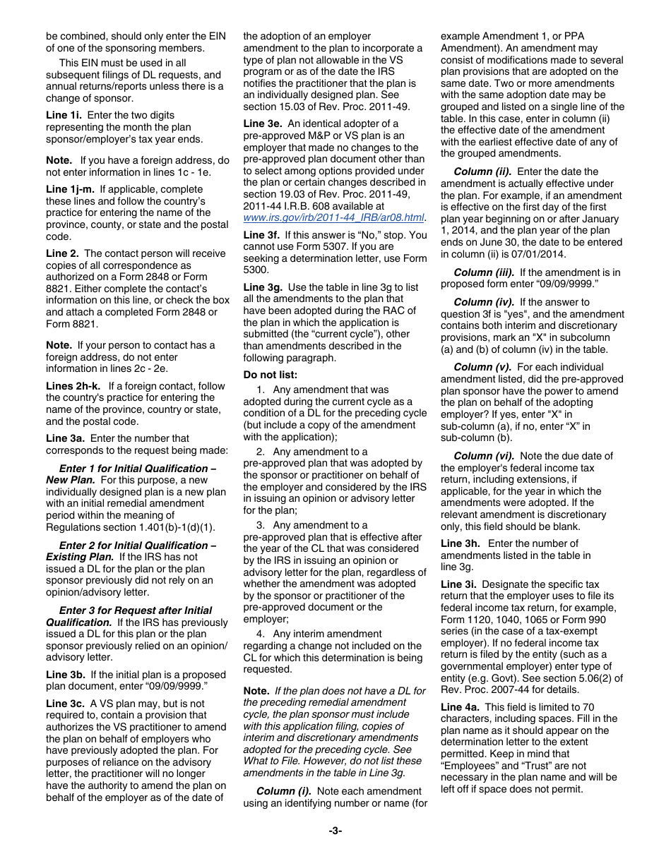 Instructions for IRS Form 5307 Application for Determination for Adopters of Modified Volume Submitter (VS) Plans, Page 3