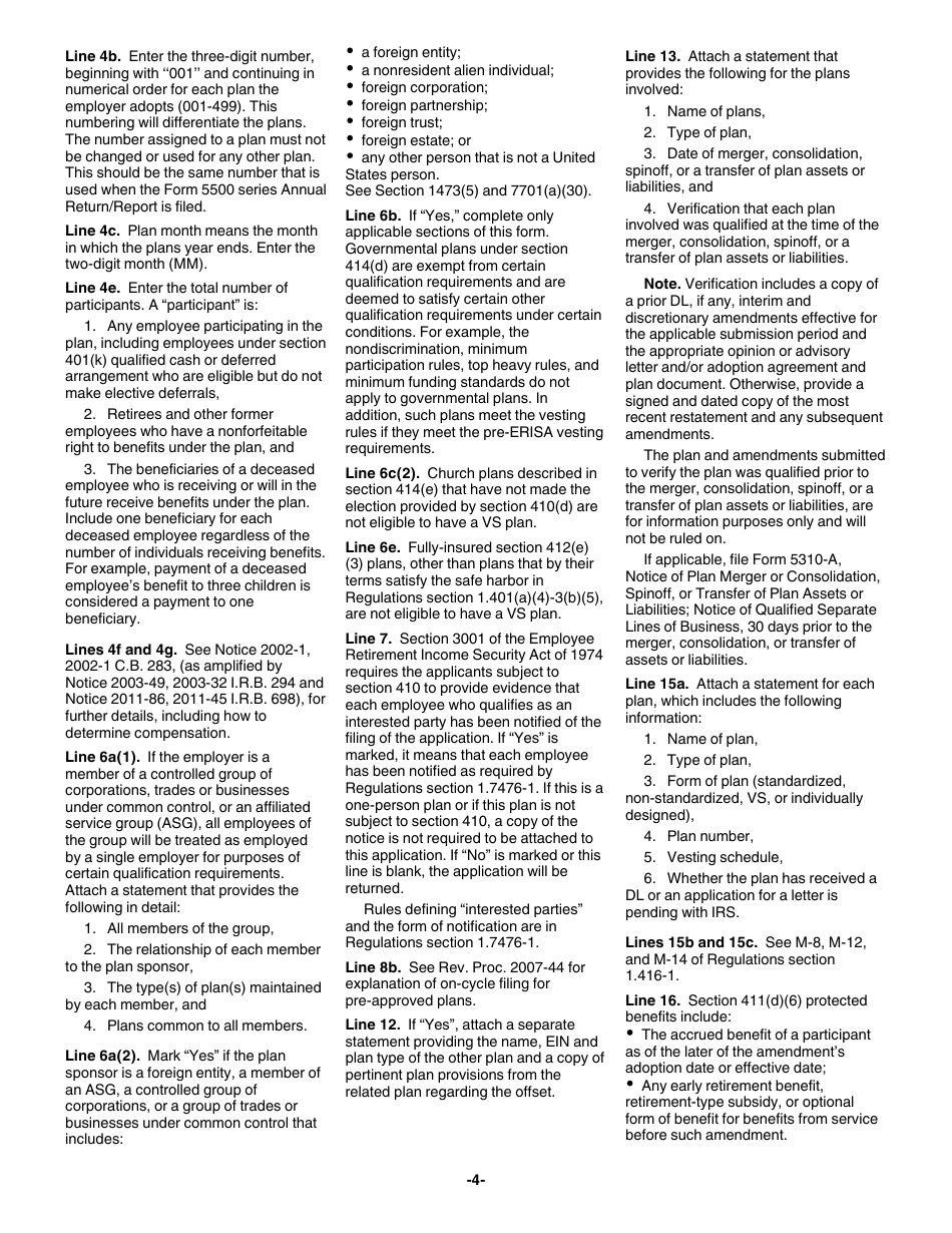 Instructions for IRS Form 5307 Application for Determination for Adopters of Modified Volume Submitter (VS) Plans, Page 4