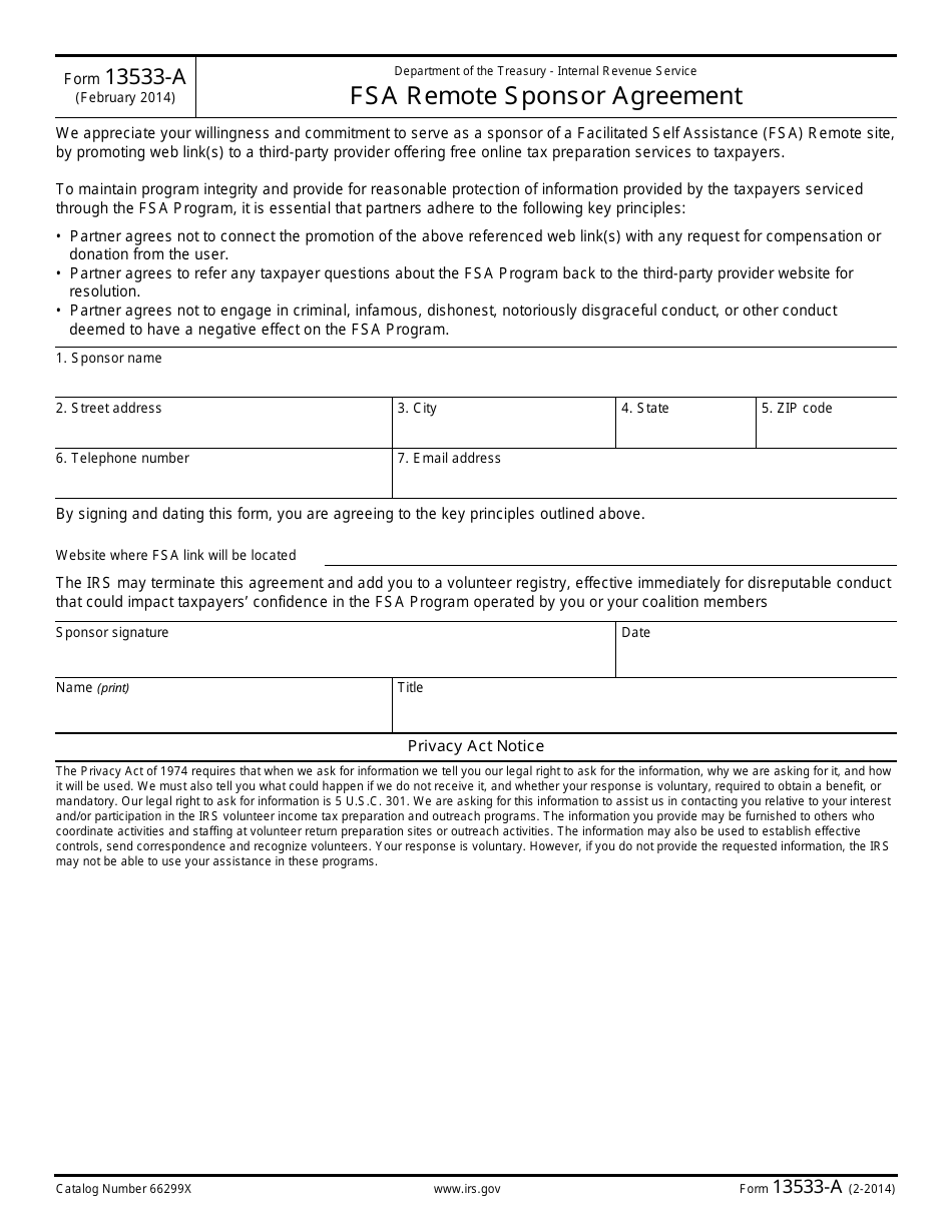 IRS Form 13533-A FSA Remote Sponsor Agreement, Page 1