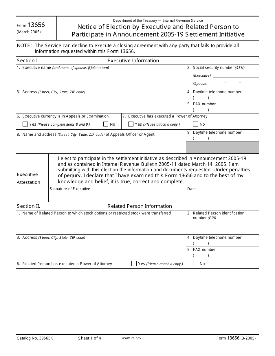 IRS Form 13656 Notice of Election by Executive and Related Person to Participate in Announcement 2005-19 Settlement Initiative, Page 1