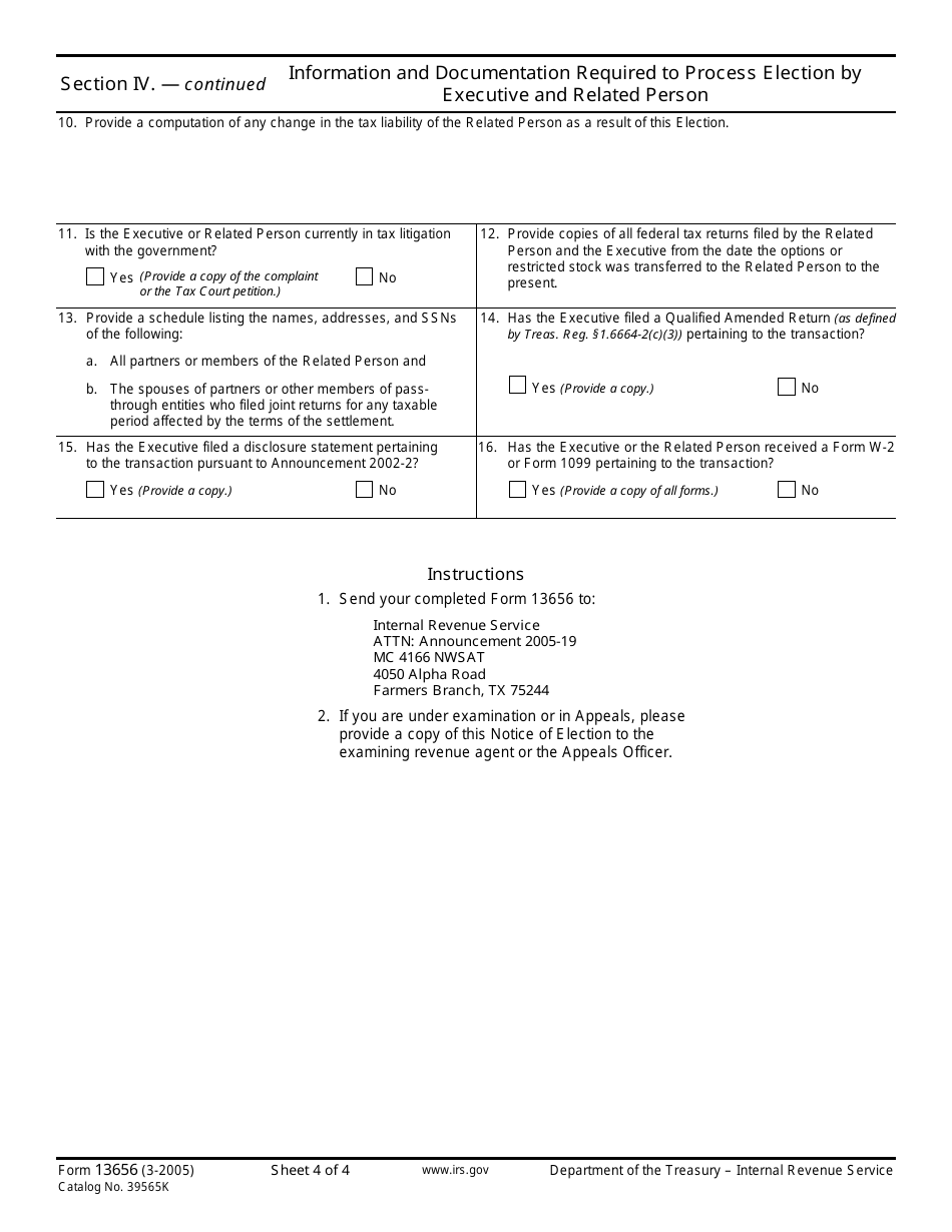 IRS Form 13656 Notice of Election by Executive and Related Person to Participate in Announcement 2005-19 Settlement Initiative, Page 4