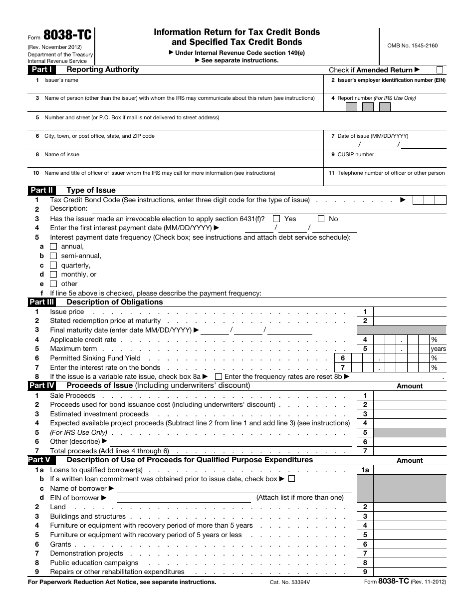 IRS Form 8038-TC Information Return for Tax Credit Bonds, Page 1