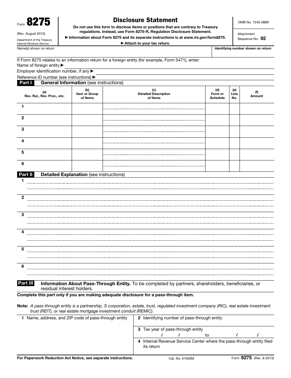 IRS Form 8275 Disclosure Statement, Page 1