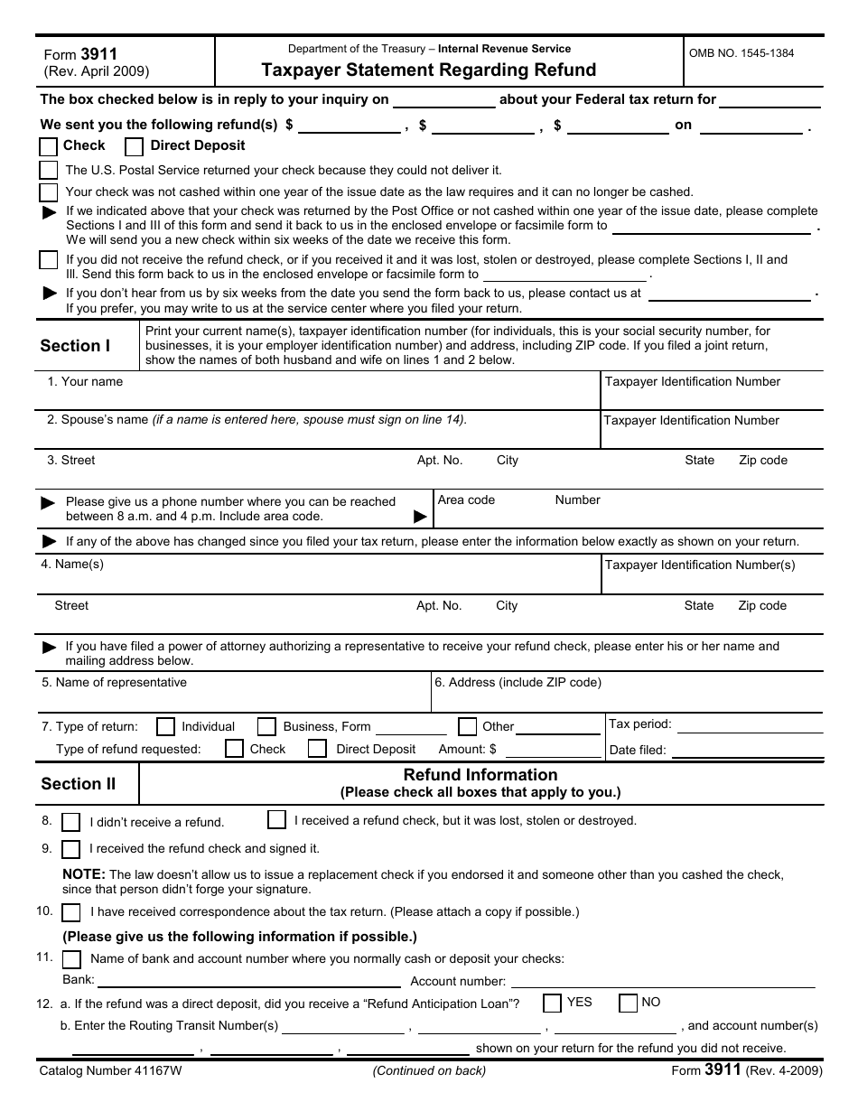 IRS Form 3911 Taxpayer Statement Regarding Refund, Page 1