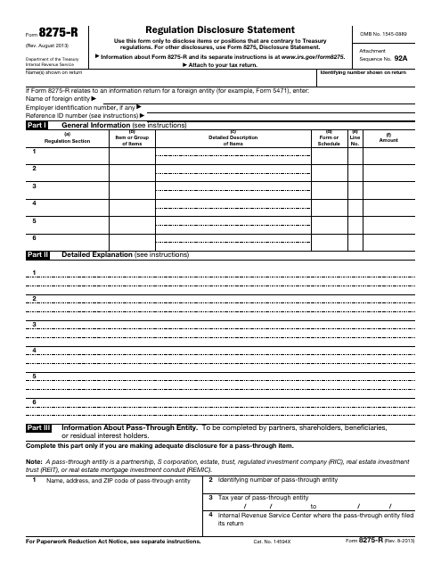 IRS Form 8275-R  Printable Pdf