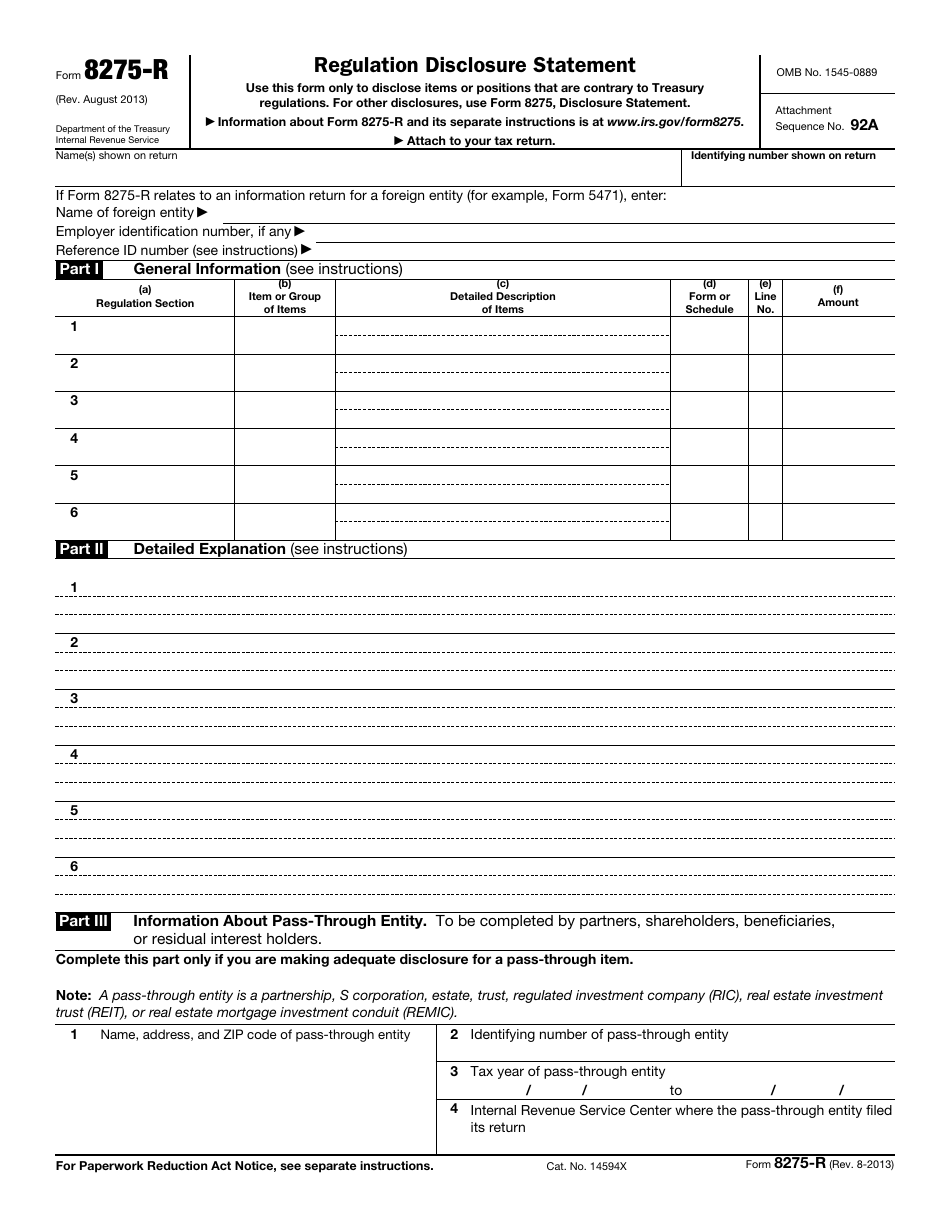 IRS Form 8275-R Regulation Disclosure Statement, Page 1
