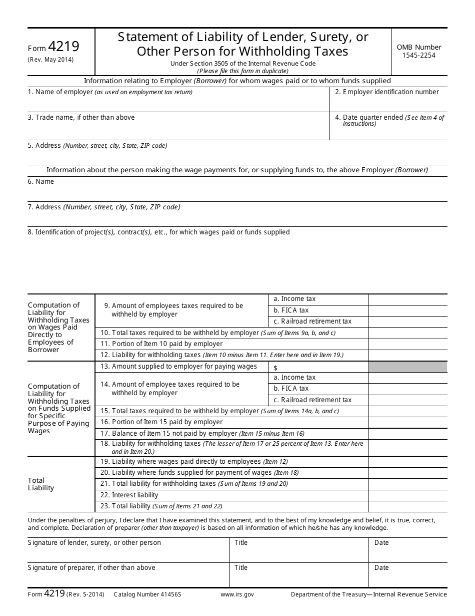 IRS Form 4219 Statement of Liability of Lender, Surety, or Other Person for Withholding Taxes, Page 1
