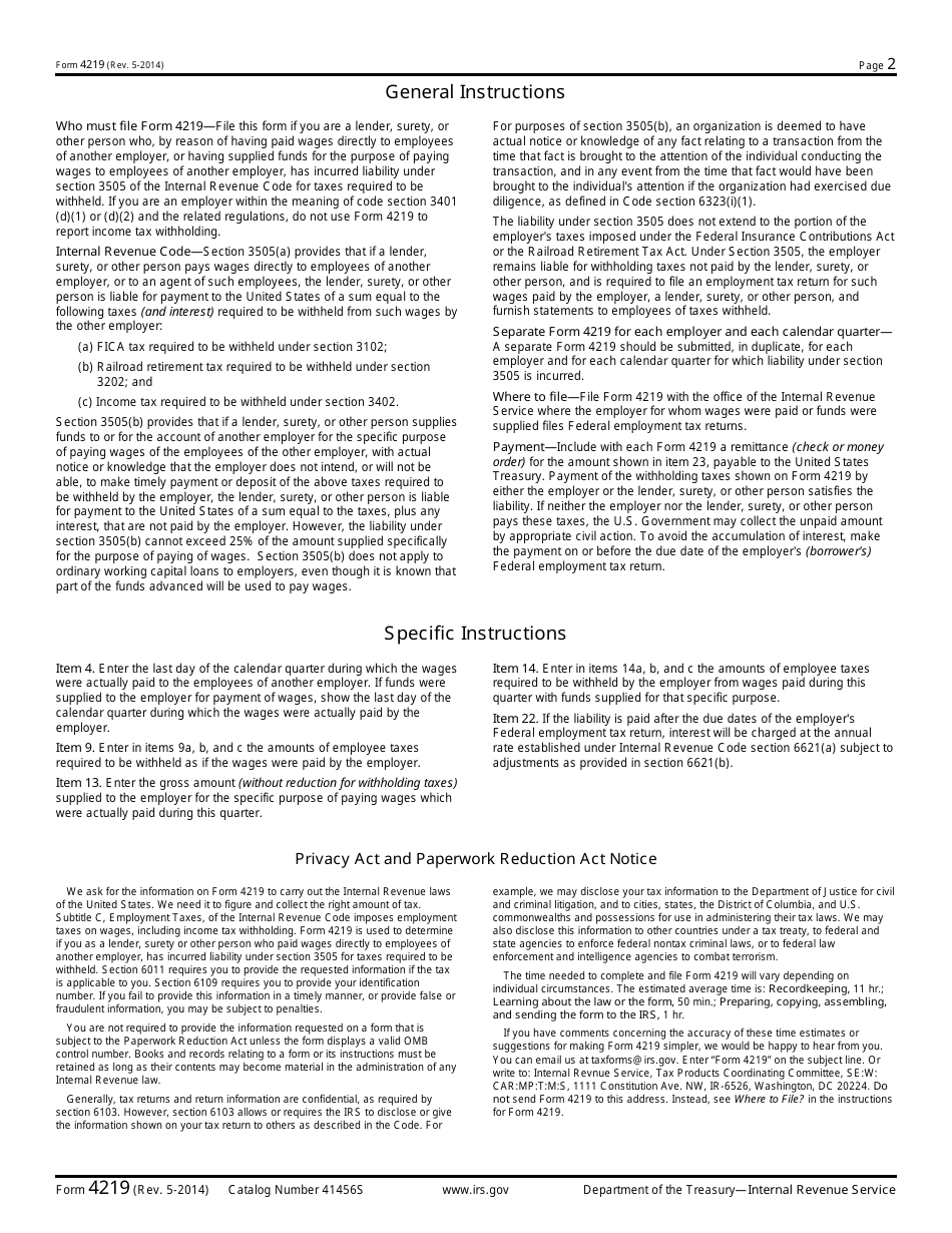 IRS Form 4219 Statement of Liability of Lender, Surety, or Other Person for Withholding Taxes, Page 2