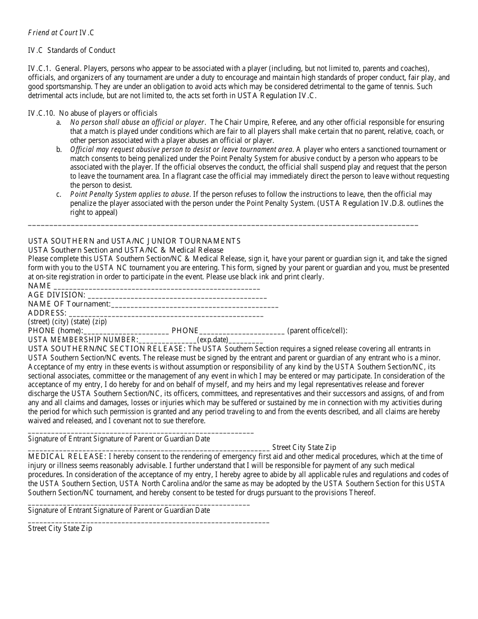 Usta Medical Release Form - Junior Tennis Players - North Carolina, Page 2