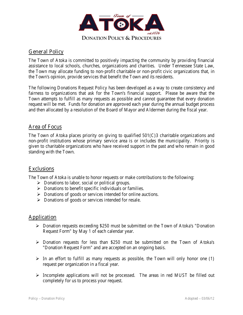 Town of Atoka, Tennessee Donation Request Form Fill Out, Sign Online