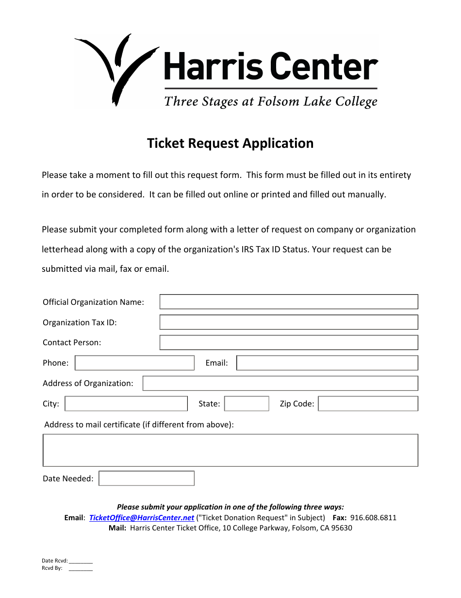 Ticket Request Application Form - Harris Center - California, Page 1