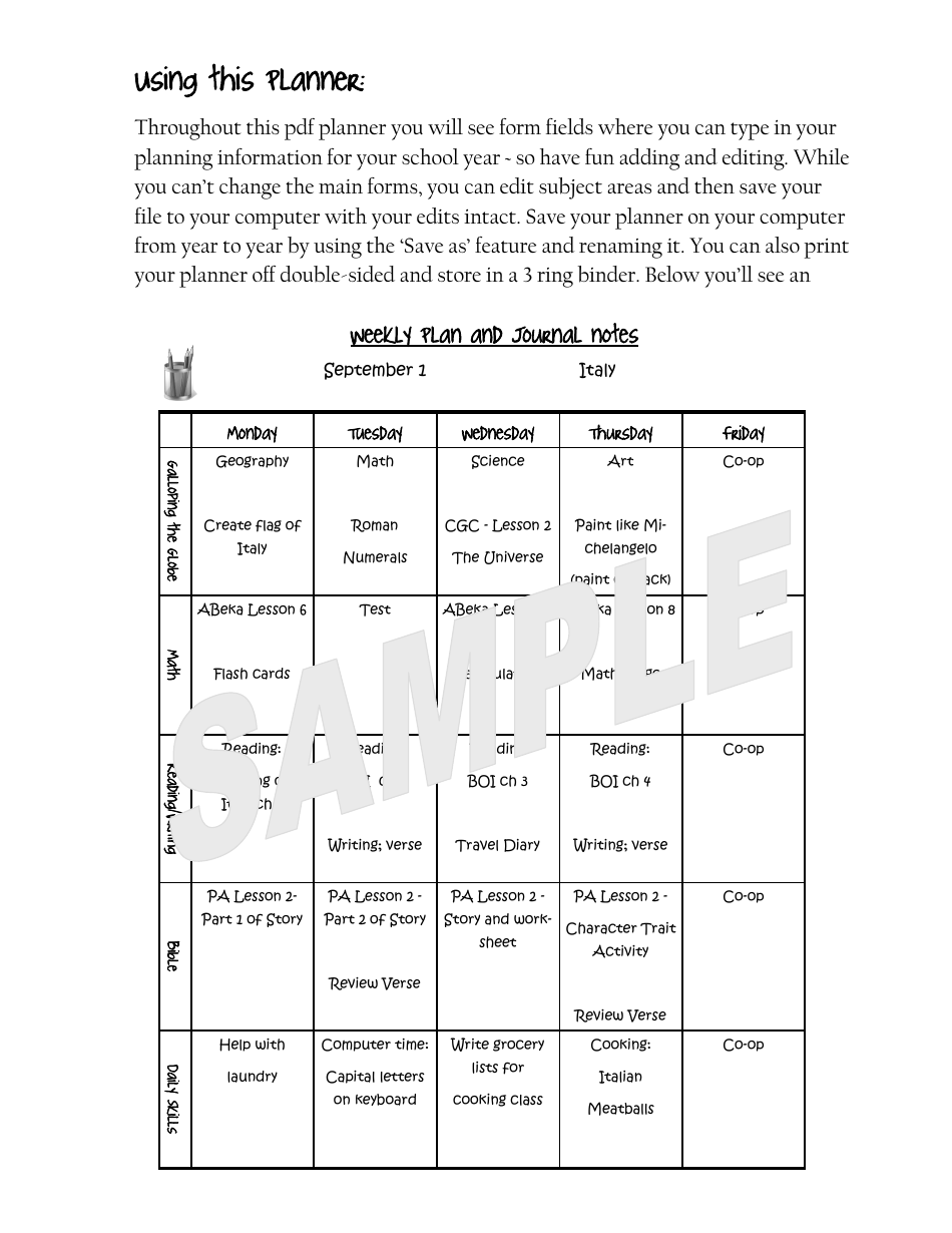 Sample Weekly Homeschool Planner, Page 5