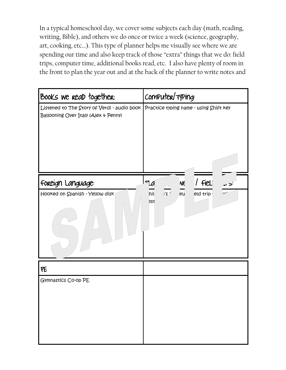 Sample Weekly Homeschool Planner, Page 6