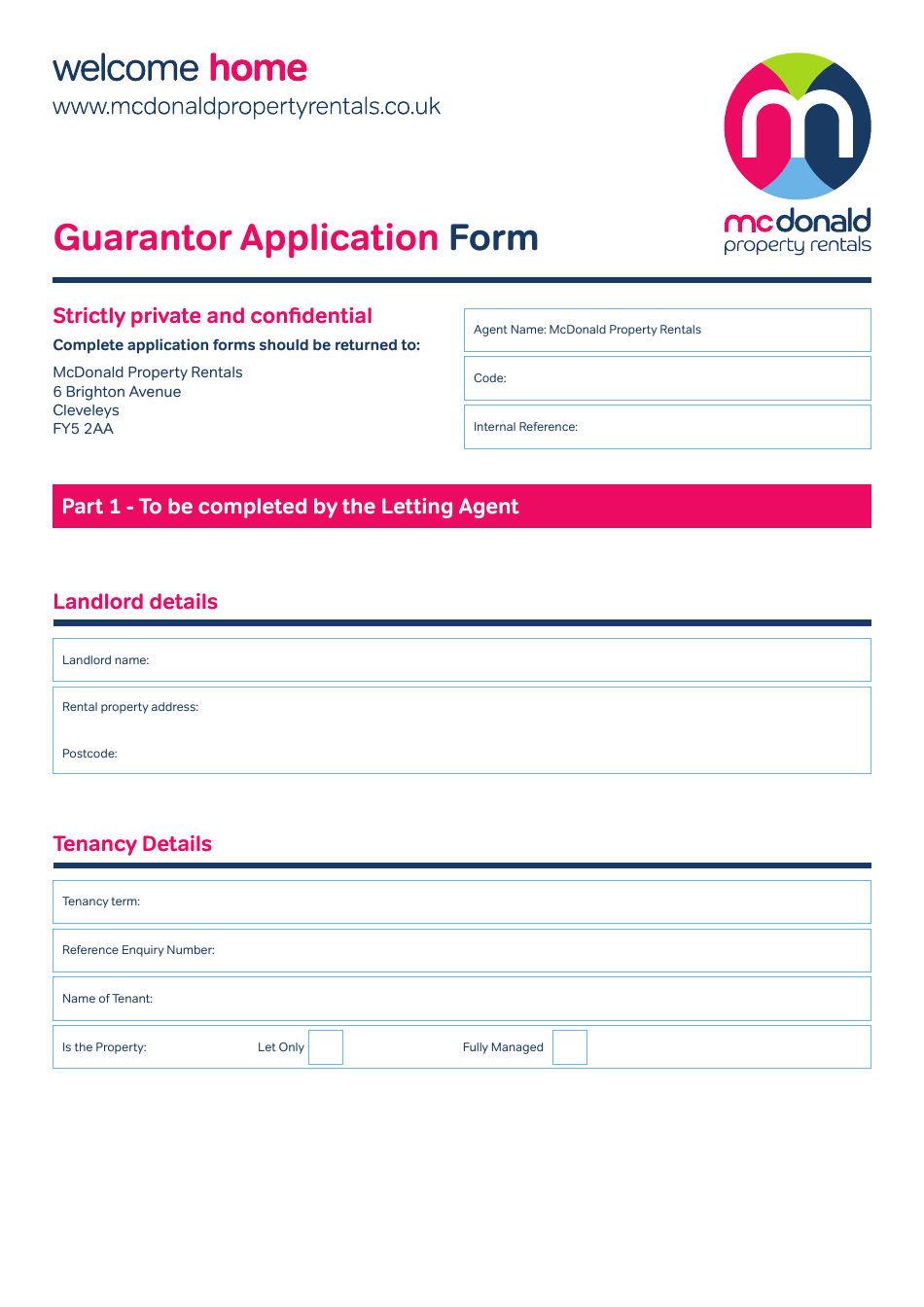 Guarantor Application Form - Mcdonald Property Rentals - United Kingdom, Page 1