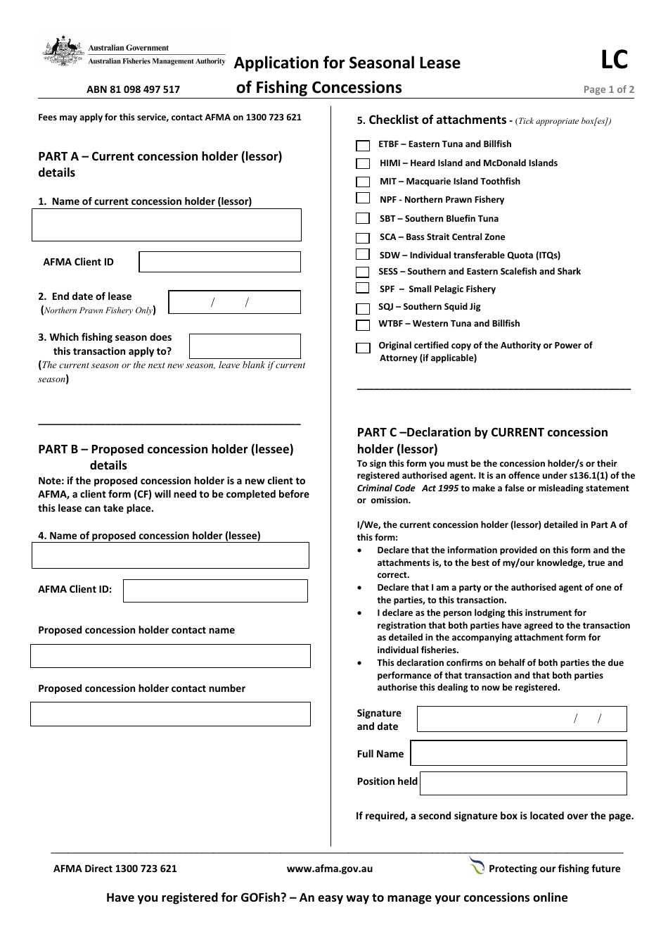 Australia Application for Seasonal Lease of Fishing Concessions Fill