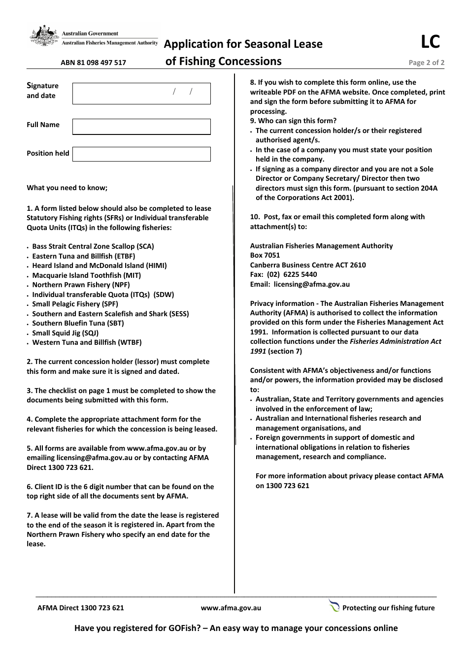 Application for Seasonal Lease of Fishing Concessions - Australia, Page 2