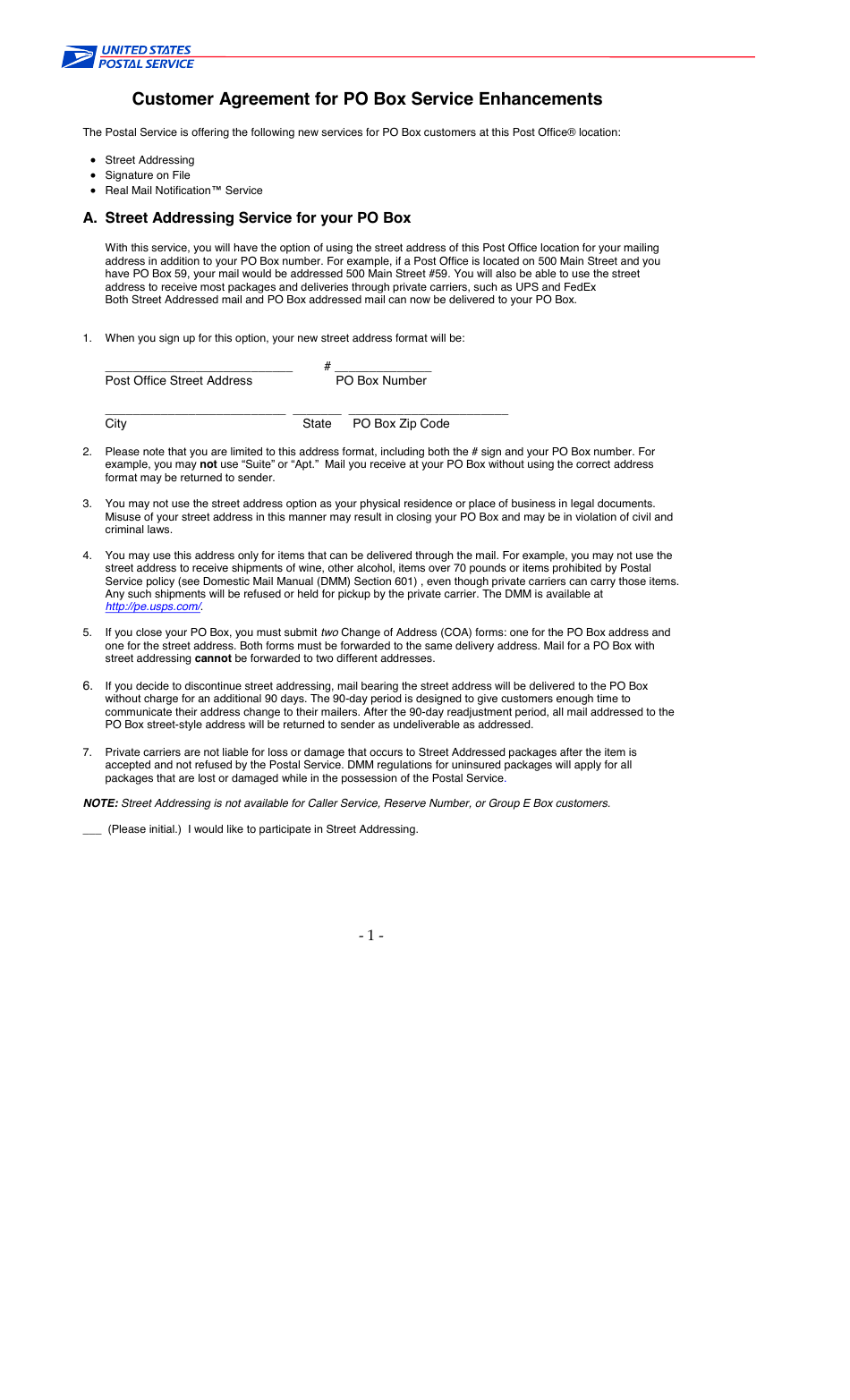 Customer Agreement for Po Box Services Enhancements, Page 1
