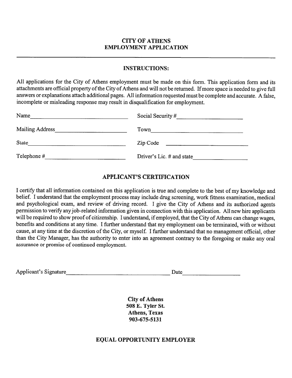 Employment Application Form - City of Athens, Texas, Page 1