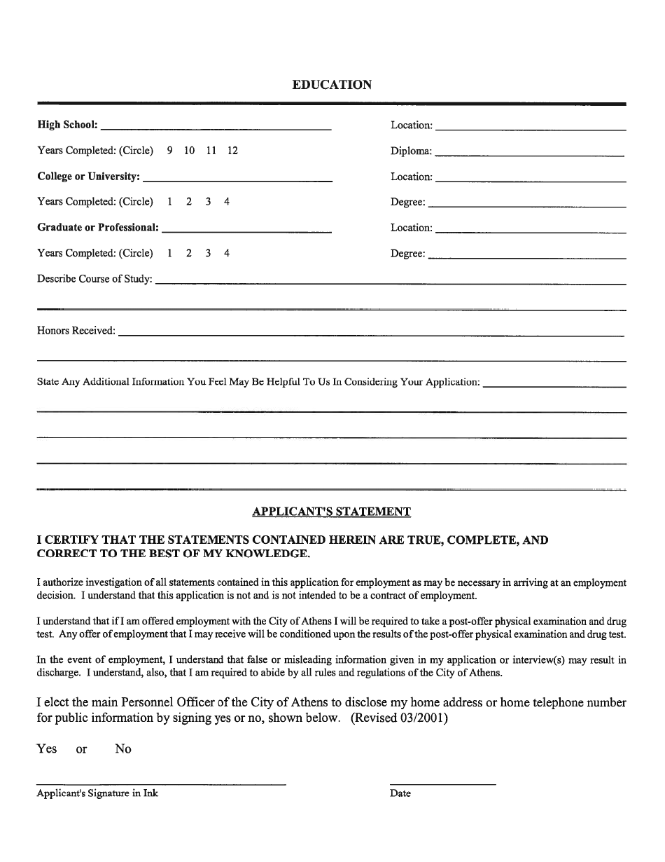 Employment Application Form - City of Athens, Texas, Page 5