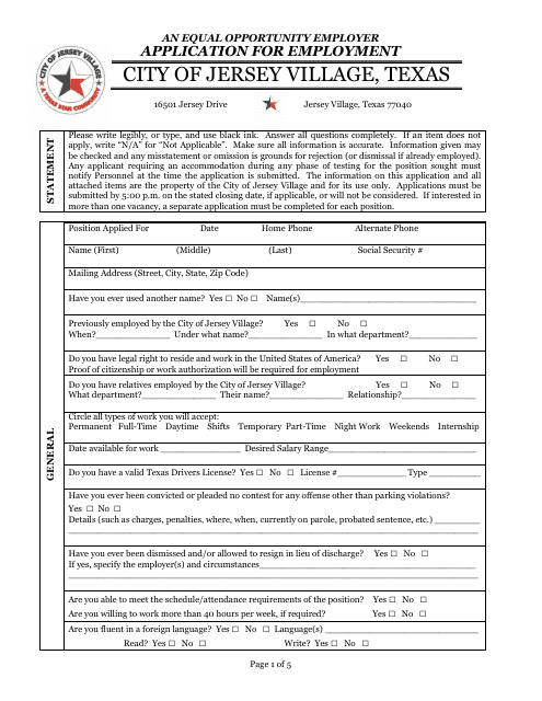 "Employment Application Packet" - City of Jersey Village, Texas Download Pdf