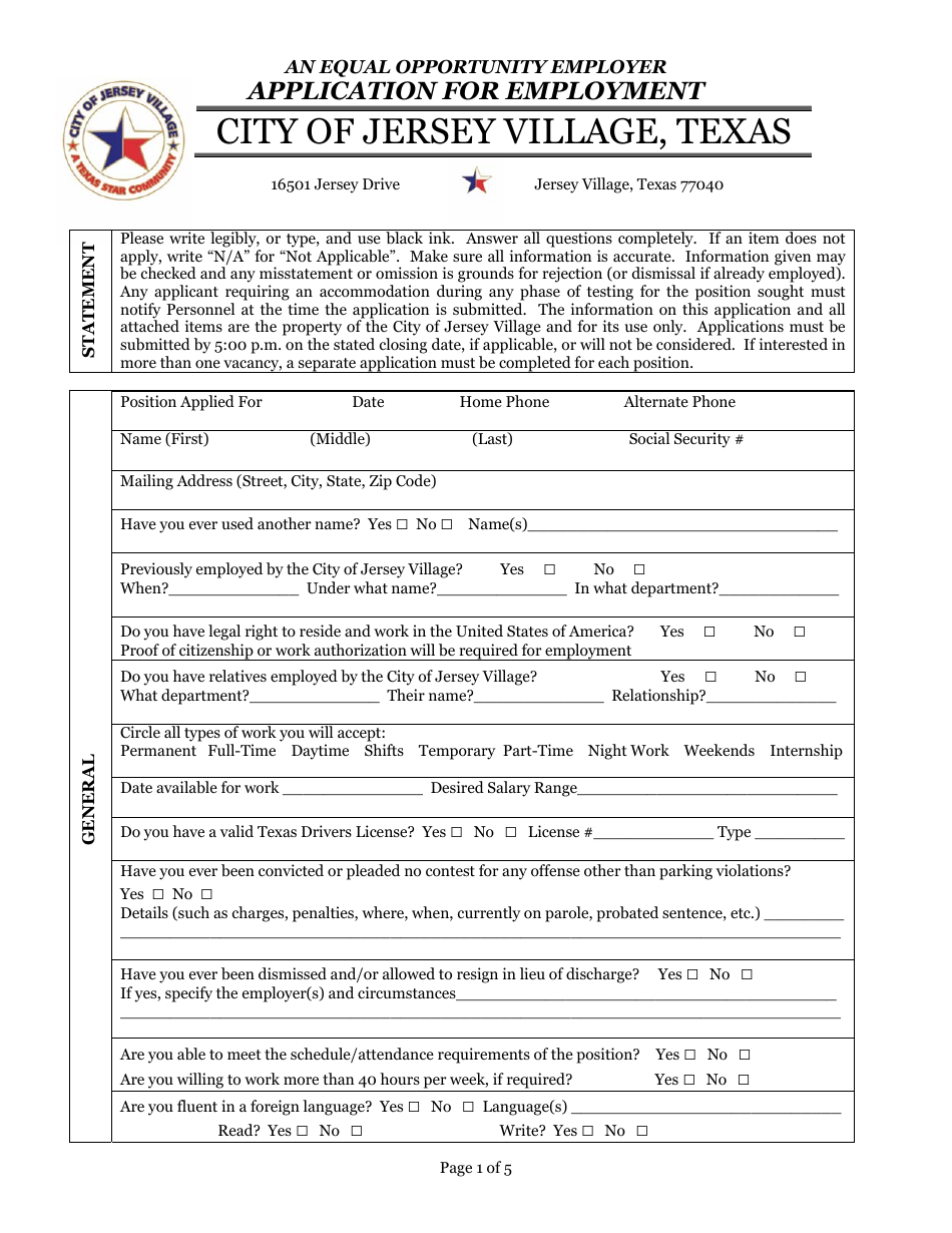 City of Jersey Village, Texas Employment Application Packet Fill Out