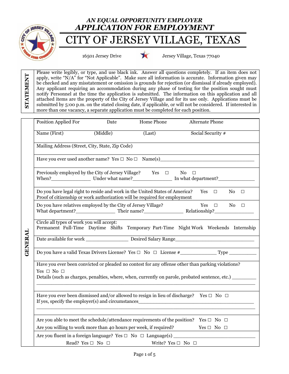 Employment Application Packet - City of Jersey Village, Texas, Page 1