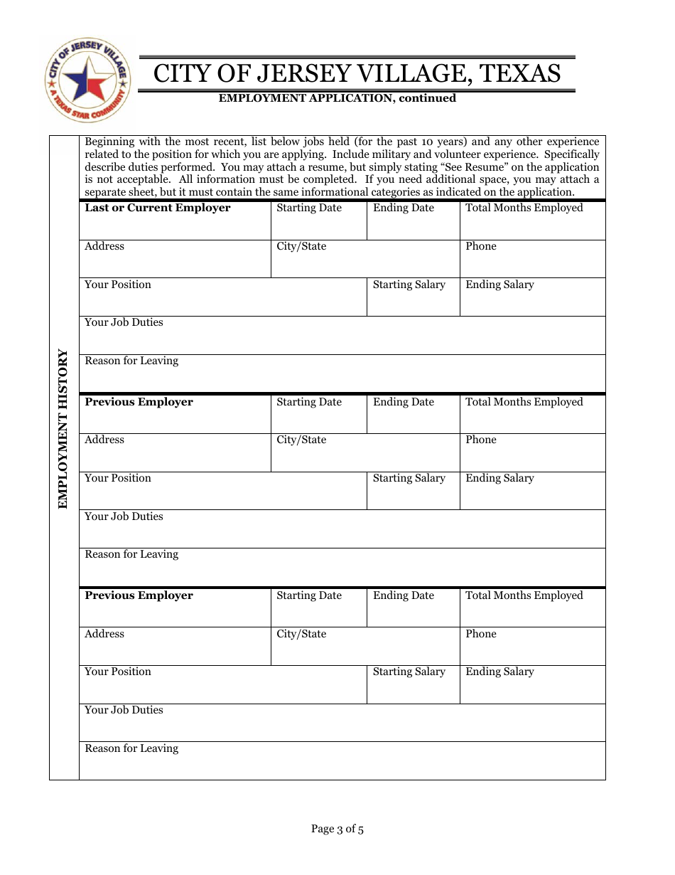 Employment Application Packet - City of Jersey Village, Texas, Page 3