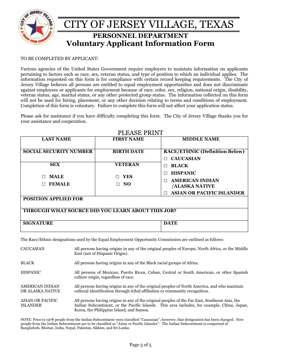 Employment Application Packet - City of Jersey Village, Texas, Page 5