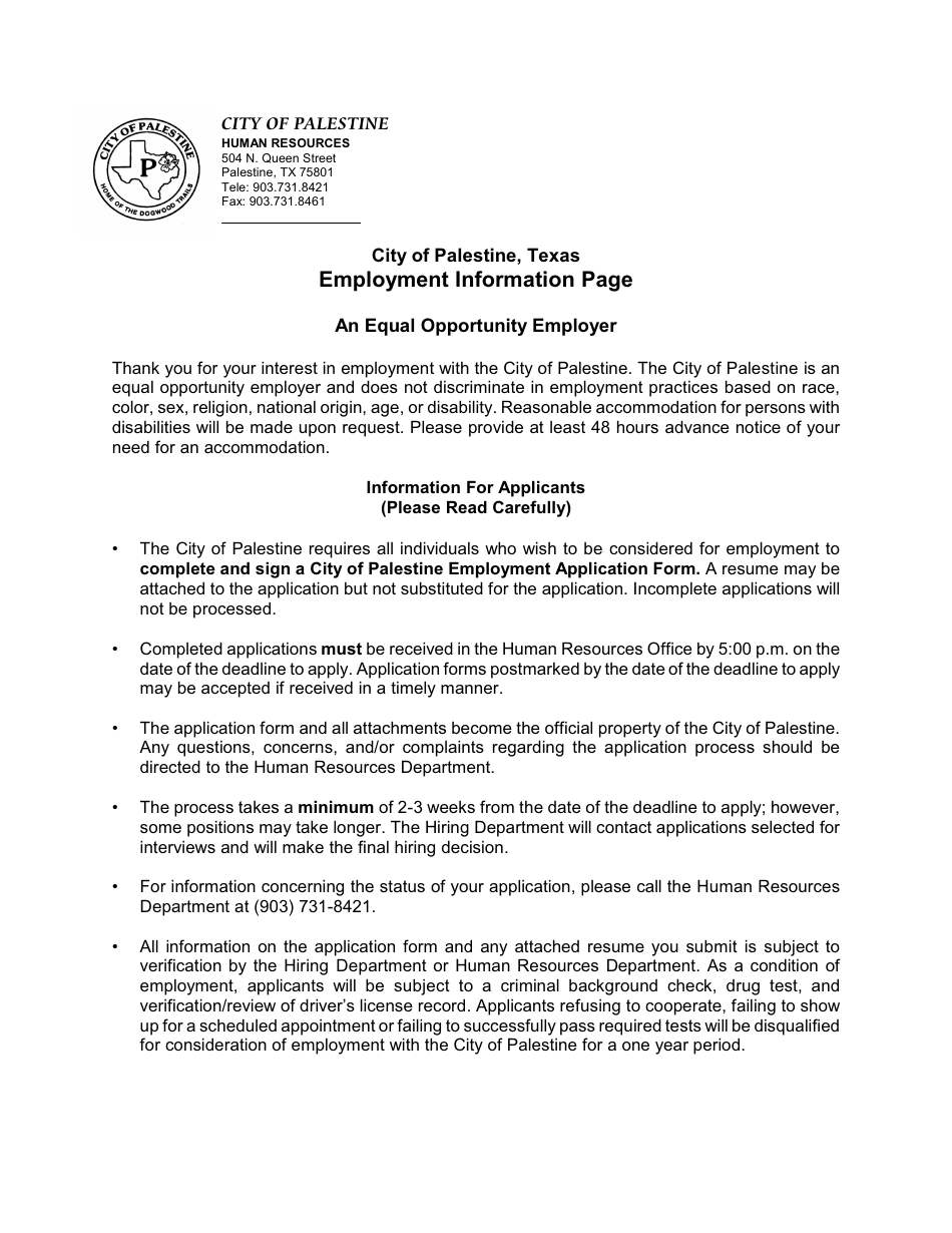 Employment Application Form - City of Palestine, Texas, Page 1
