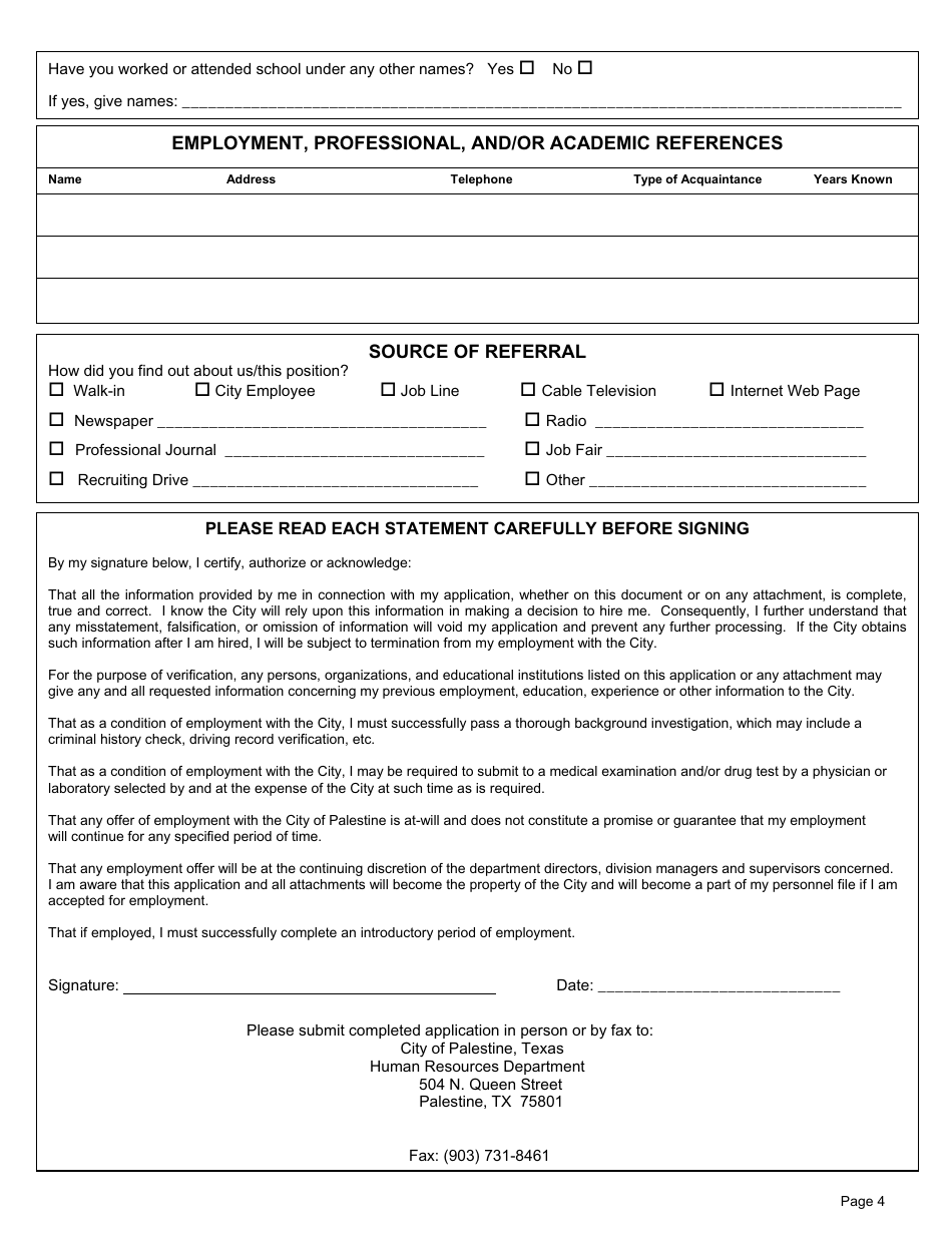 Employment Application Form - City of Palestine, Texas, Page 6